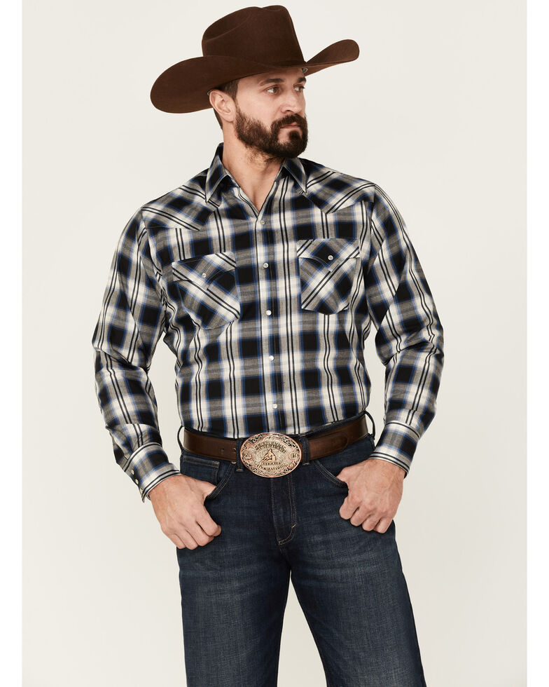 Ely Walker Men's Plaid Long Sleeve Snap Western Shirt , Black, hi-res