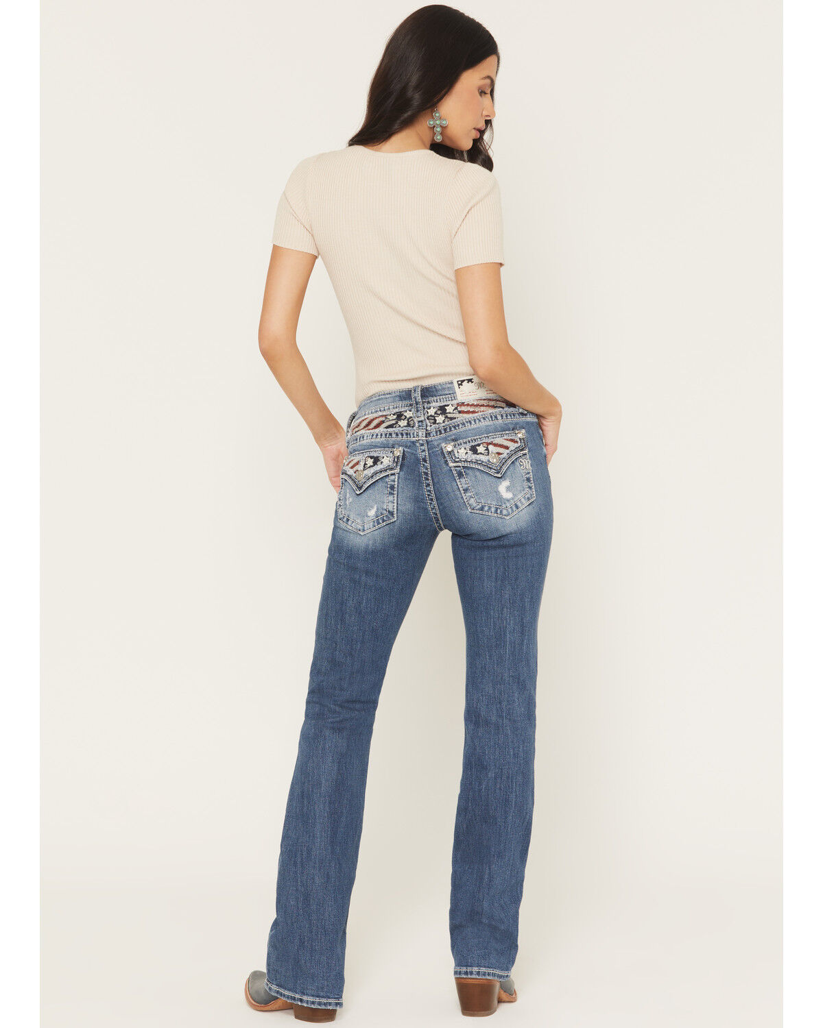 Image #1 - Miss Me Women's Medium Wash Mid Rise Americana Blowout 32" Bootcut Stretch Denim Jeans, Medium Wash, hi-res