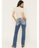 Image #1 - Miss Me Women's Medium Wash Mid Rise Americana Blowout 32" Bootcut Stretch Denim Jeans, Medium Wash, hi-res