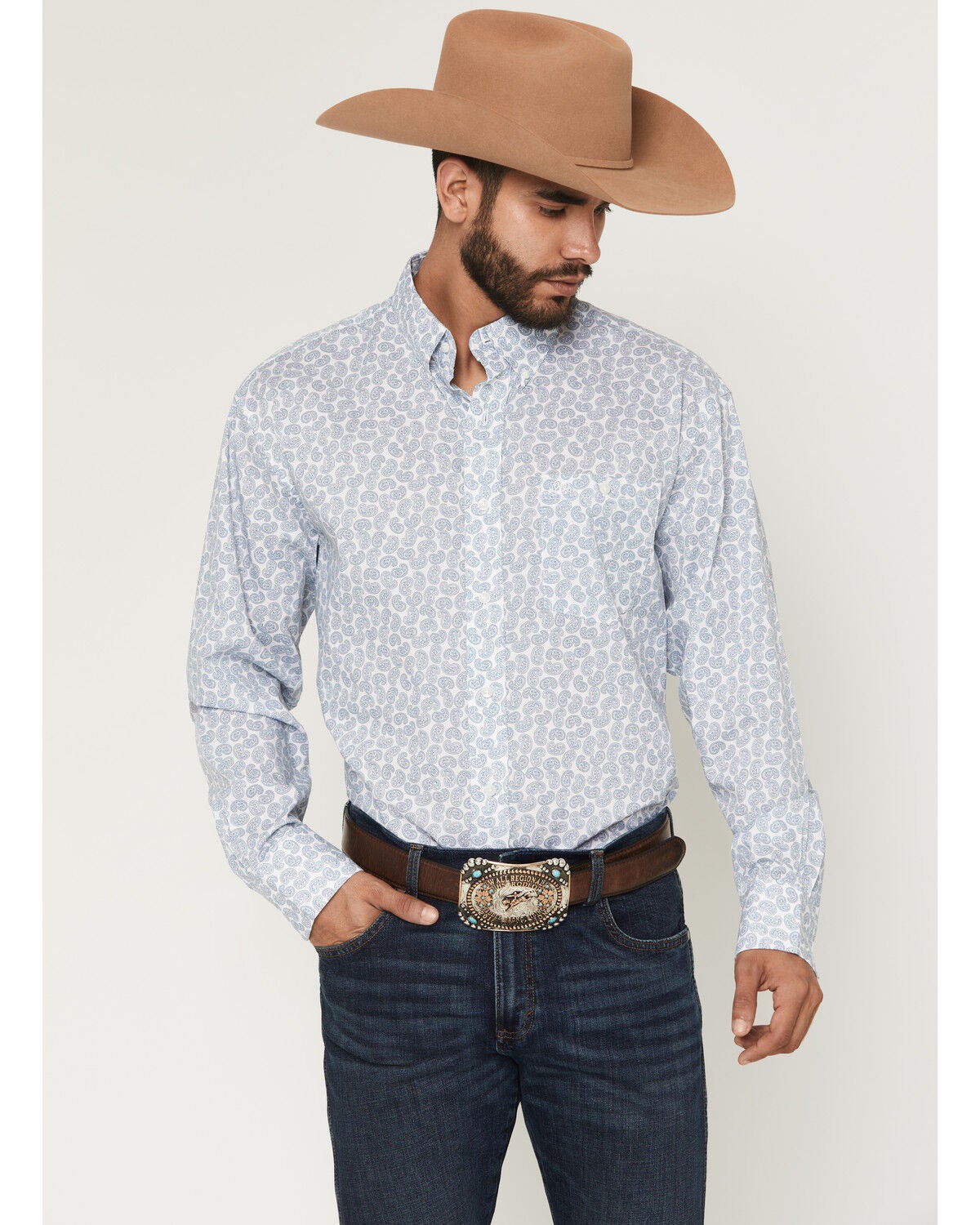 Image #1 - Wrangler Men's Paisley Print Long Sleeve Button-Down Stretch Western Shirt, White, hi-res
