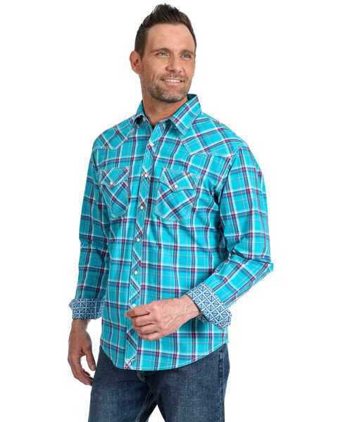 Wrangler 20X Men's Advanced Comfort Large Plaid Long Sleeve Western Shirt , Turquoise, hi-res
