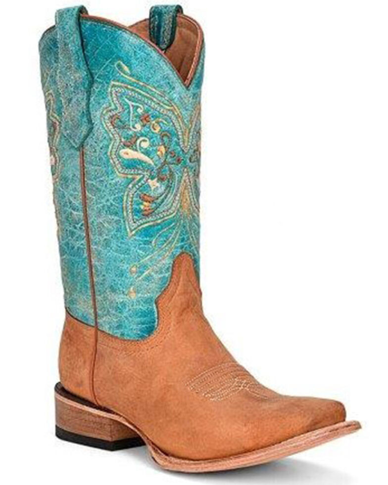 Corral Women's Embroidered Butterfly Western Boots - Square Toe, Tan/turquoise, hi-res