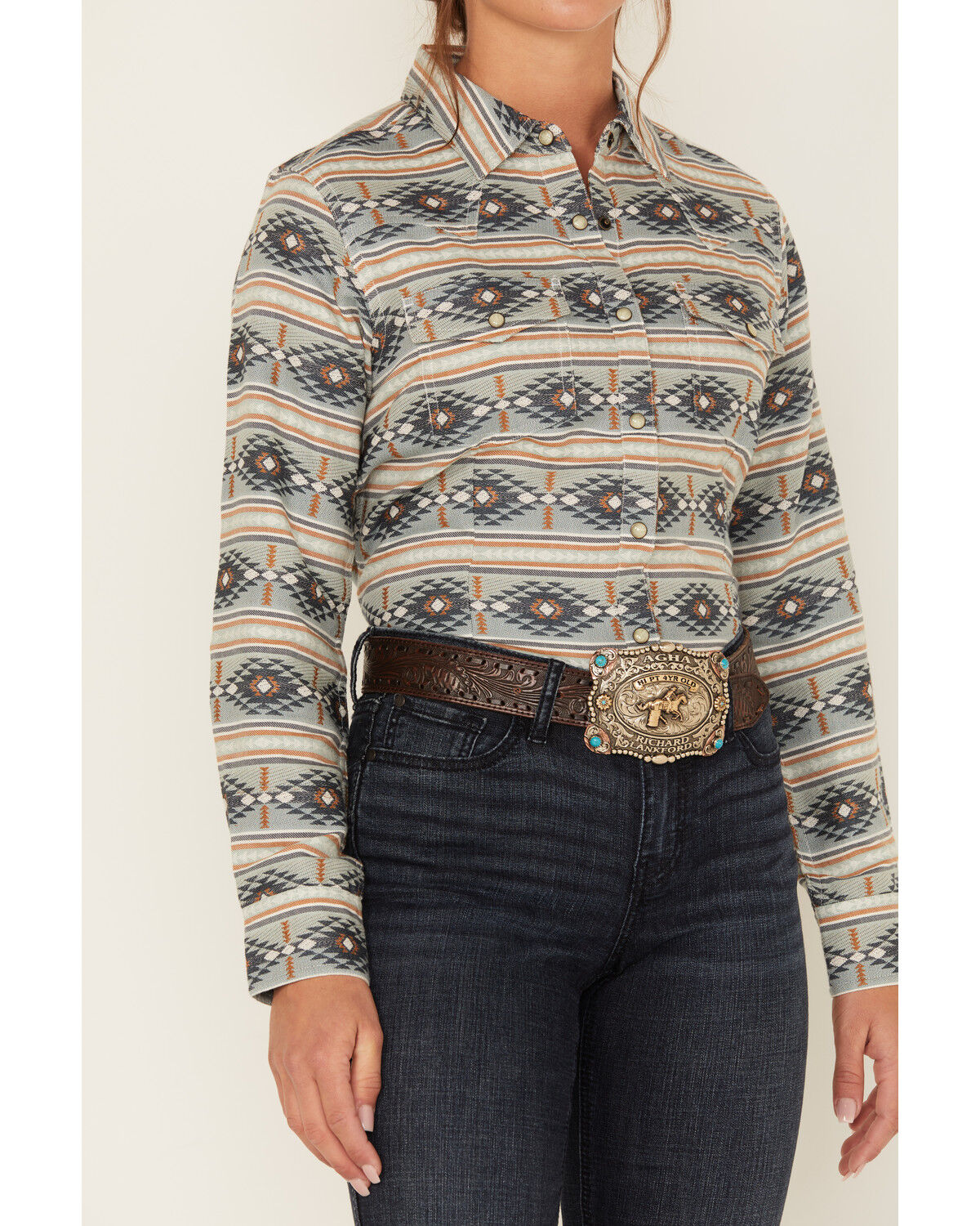 Image #3 - Ariat Women's Southwestern Stripe Print Long Sleeve Snap Creekside Western Shirt, Teal, hi-res