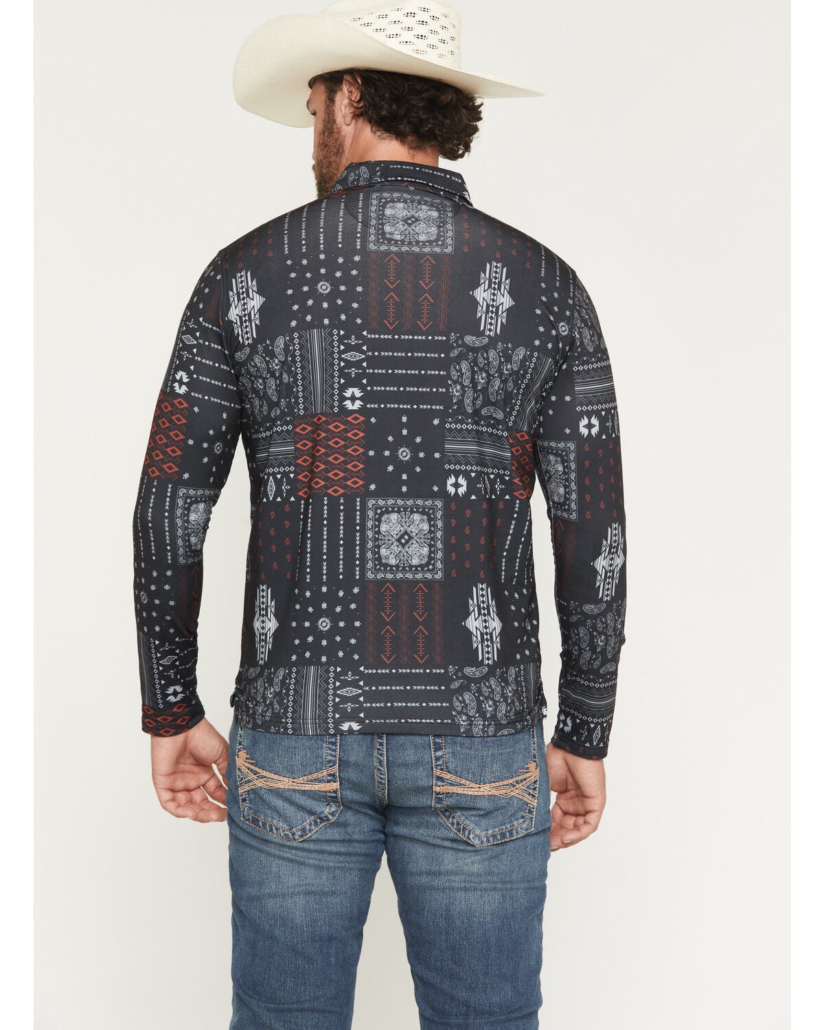 Image #4 - Cowboy Hardware Men's Southwestern Bandana Print Long Sleeve Snap Stretch Polo Shirt, Black, hi-res