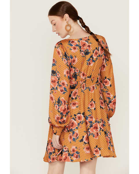 Image #4 - Beyond The Radar Women's Floral Dot Satin Long Sleeve Dress , Mustard, hi-res