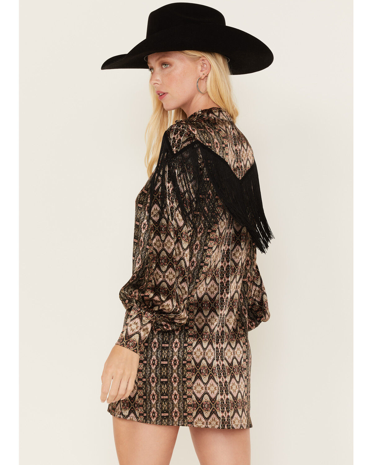 Image #3 - Shyanne Women's Long Sleeve Satin Fringe Mode Mini Dress, Black, hi-res