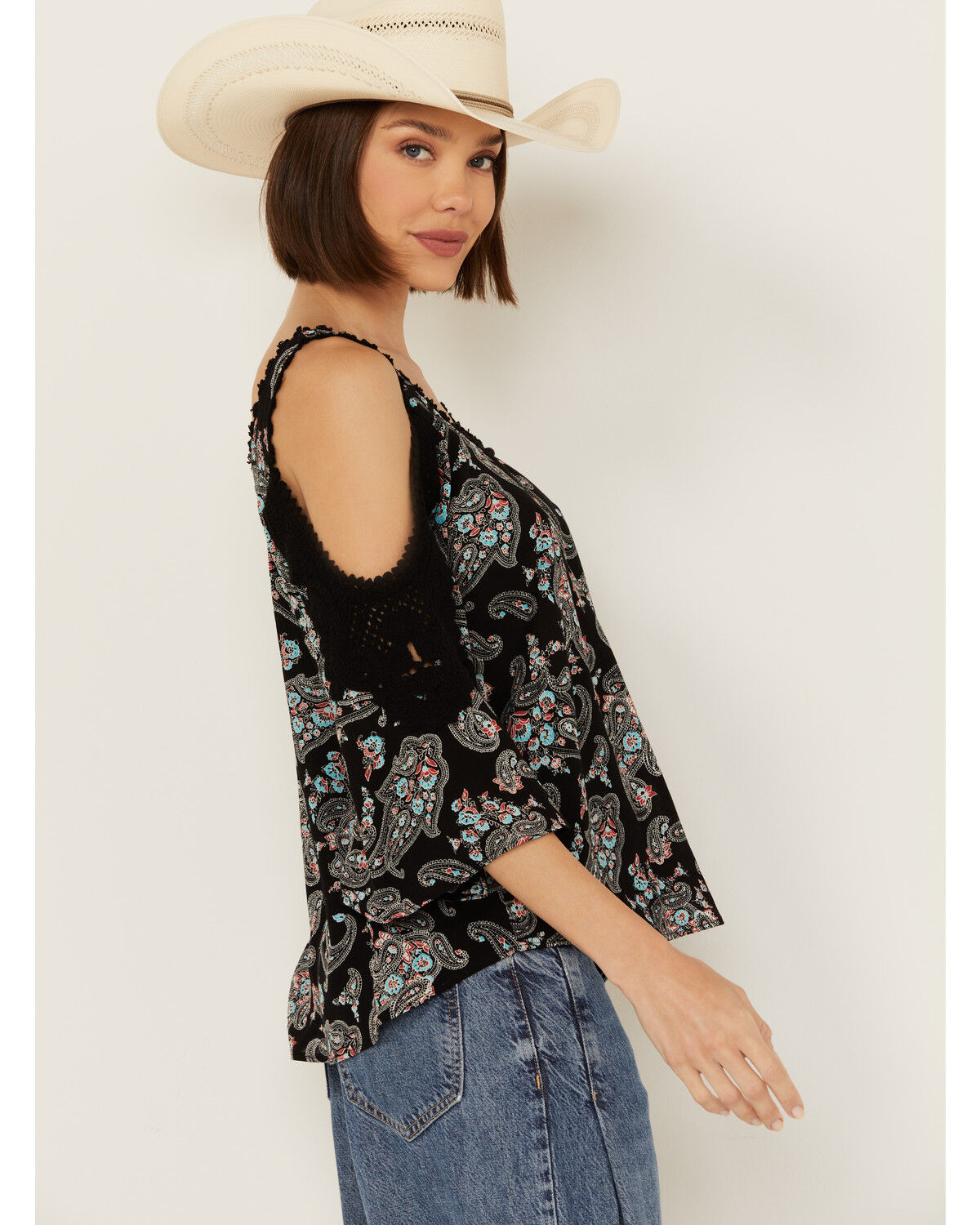 Image #2 - Wild Moss Women's Paisley Print Crochet Cold Shoulder Top, Black, hi-res
