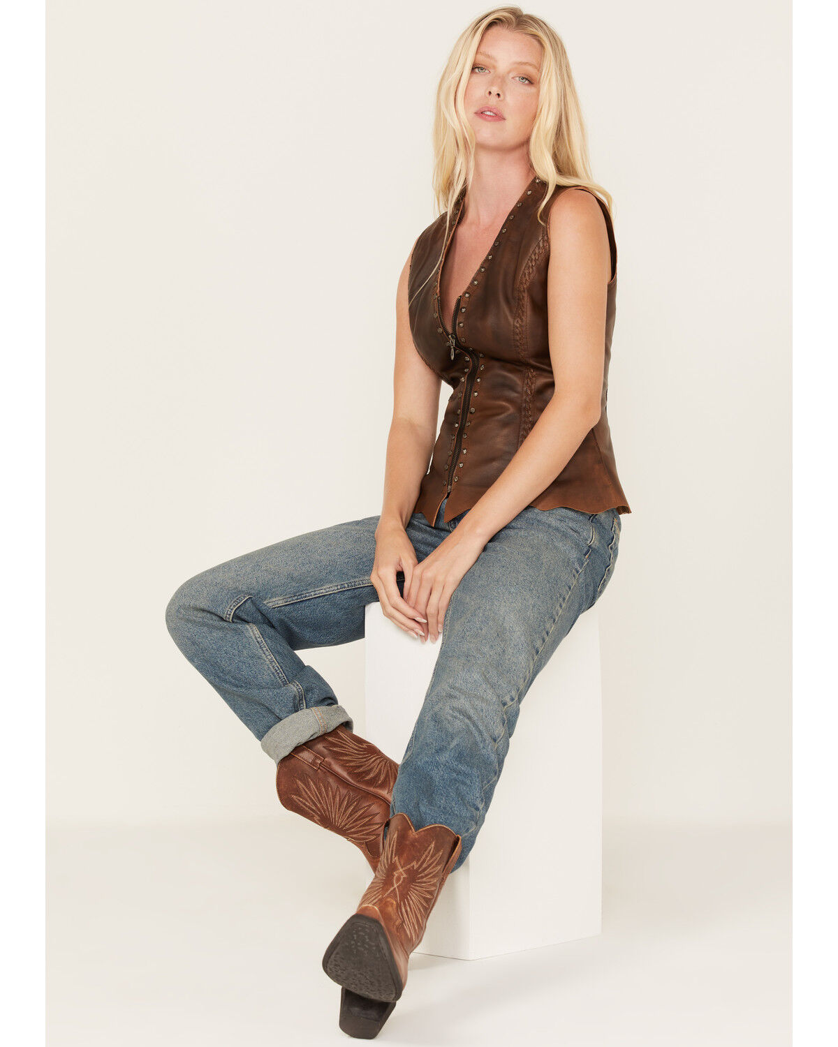 Image #1 - Cripple Creek Women's Antique Finish Stud Vest, Brown, hi-res
