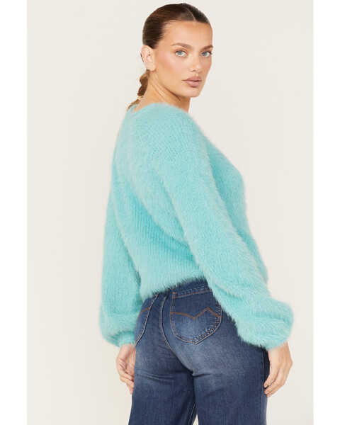 Image #4 - Rock & Roll Denim Women's Fuzzy Knit Sweater, Turquoise, hi-res