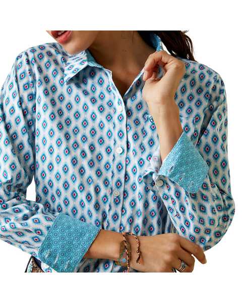Ariat Women's Team Kirby Southwestern Print Long Sleeve Button Down Western Shirt - Plus, Blue/white, hi-res