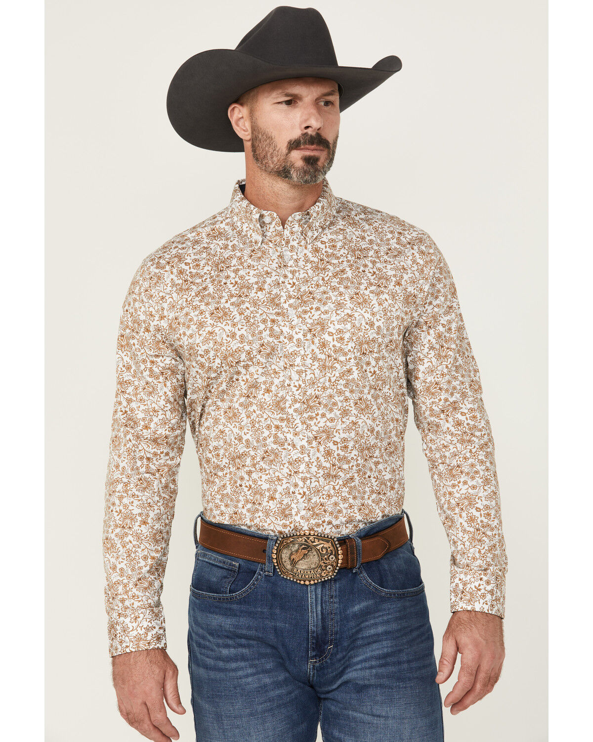 Image #1 - Cody James Men's Waylen Floral Print Long Sleeve Button-Down Stretch Western Shirt, Brown, hi-res