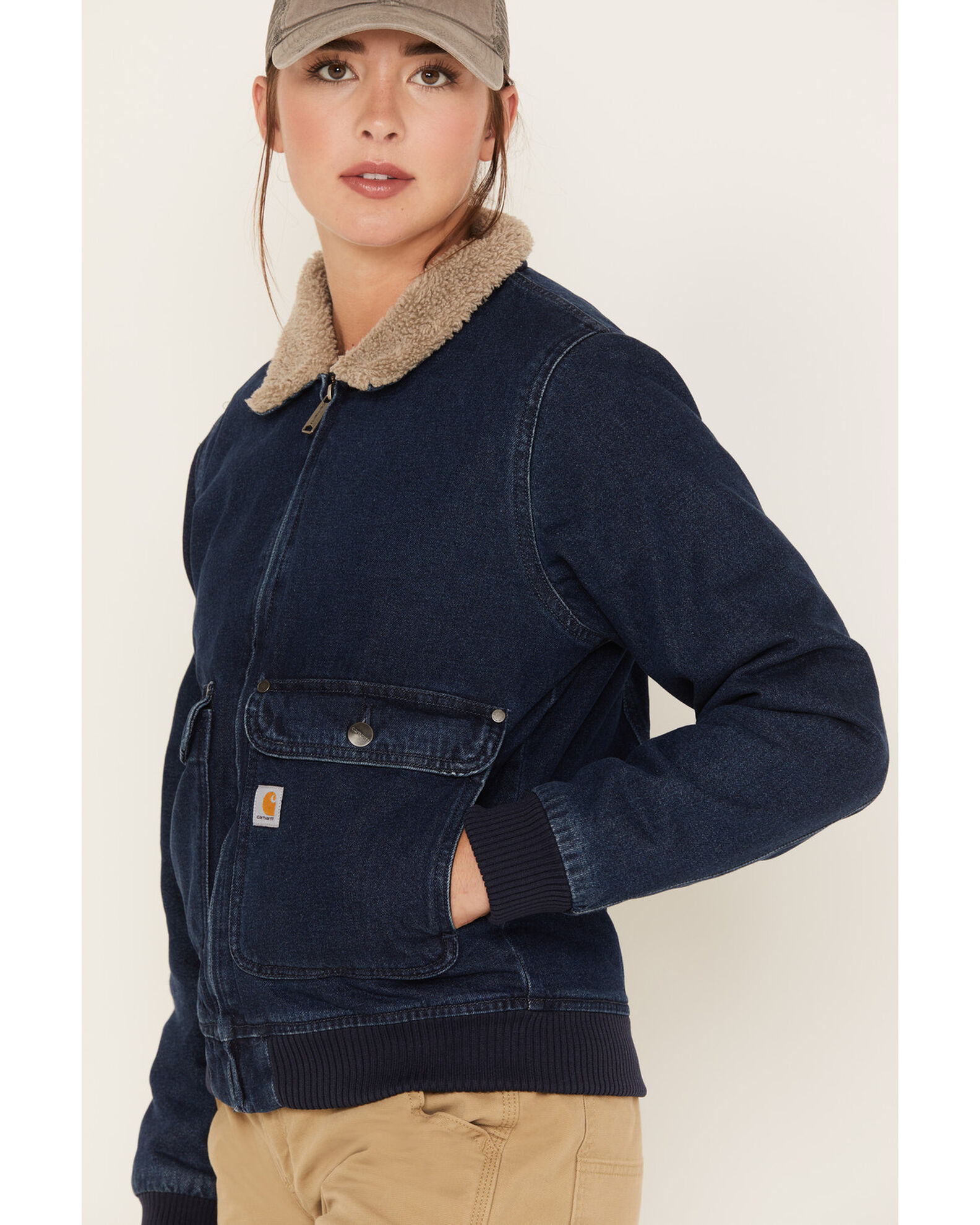 Image #2 - Carhartt Women's Medium Wash Relaxed Fit Denim Sherpa-Lined Jacket, Blue, hi-res