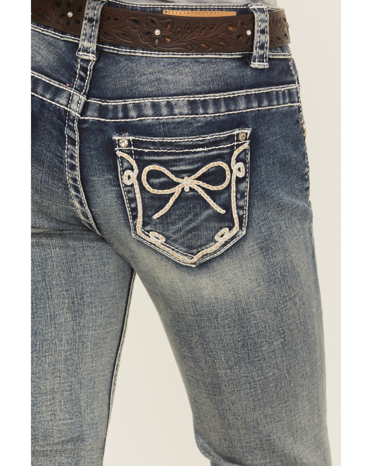 Image #2 - Shyanne Girls' Washed Bow Pocket Bootcut Stretch Denim Jeans, Dark Grey, hi-res