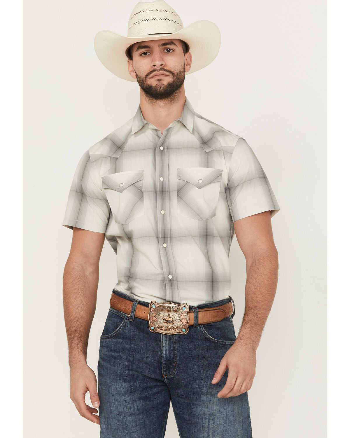 Pendleton Men's Frontier Plaid Print Short Sleeve Snap Western Shirt, Grey, hi-res