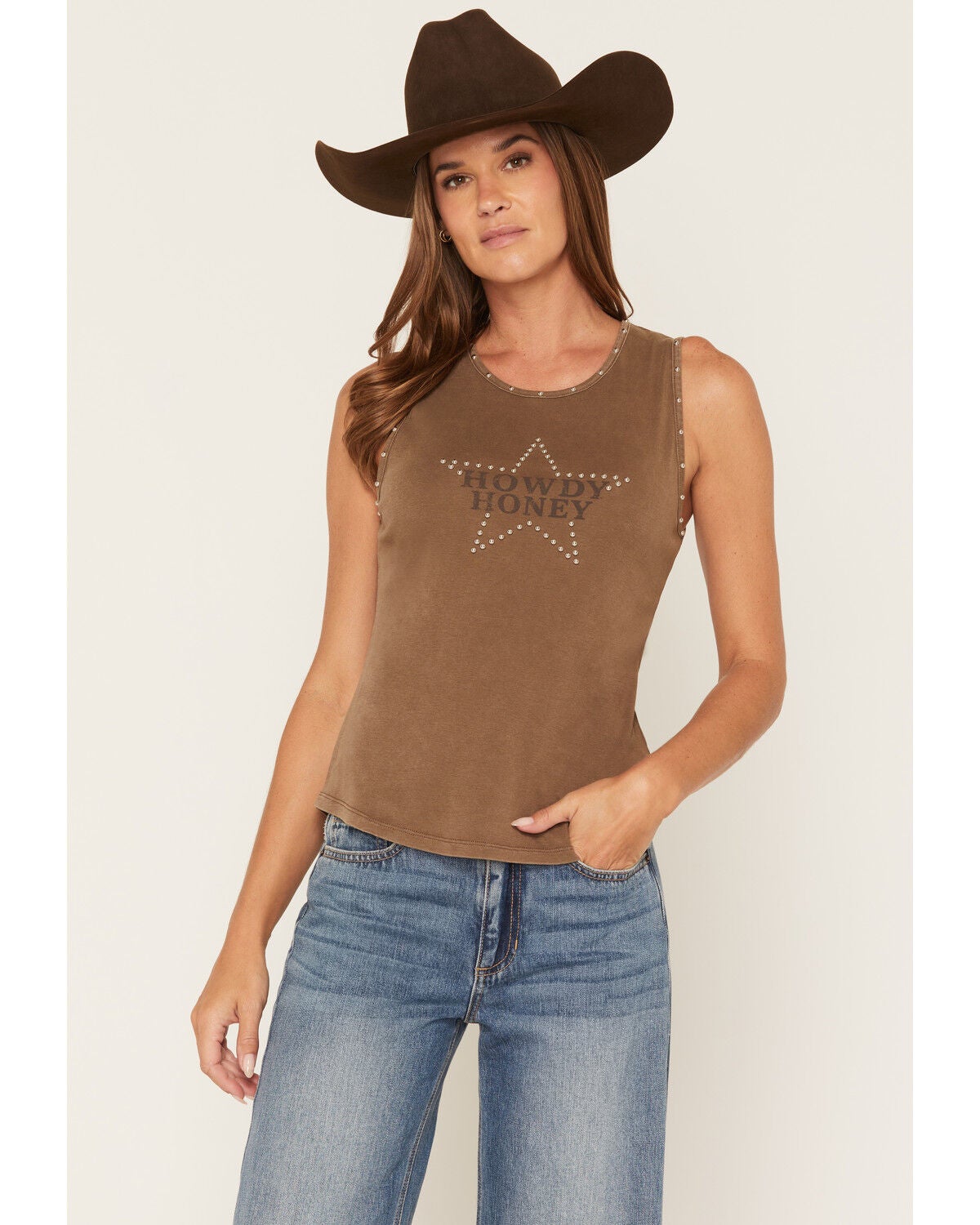 Nikxie Women's Howdy Honey Studded Tank, Camel, hi-res