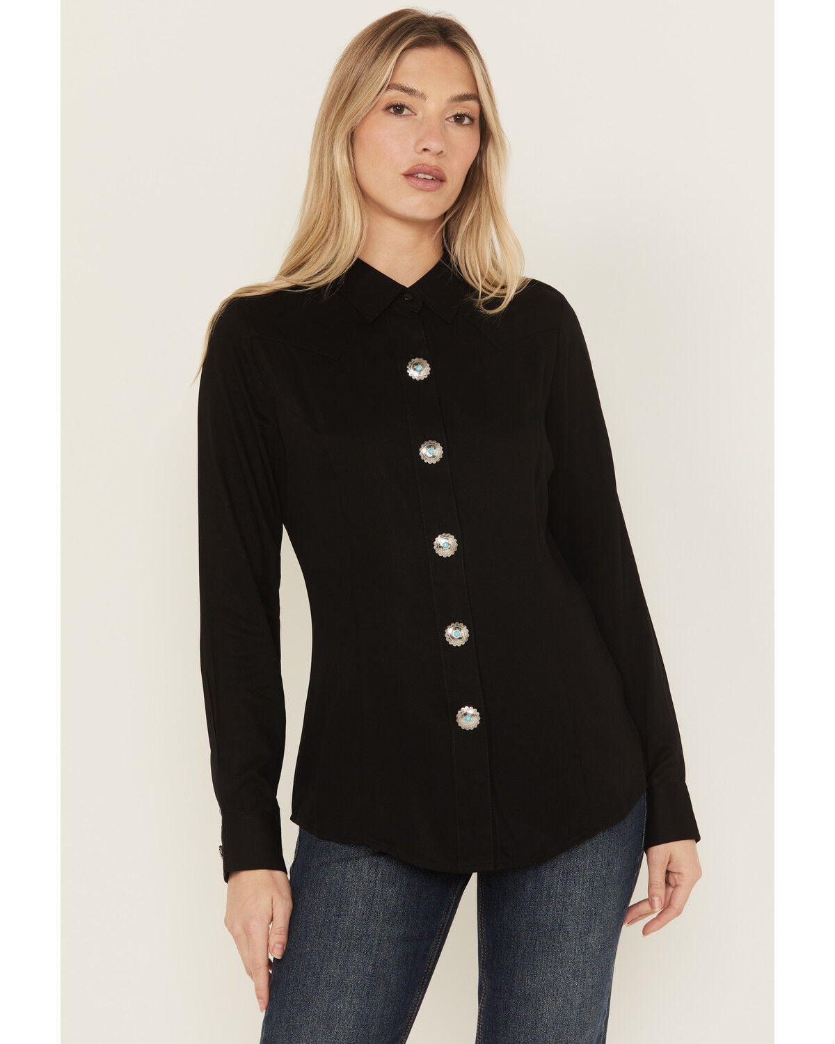 Wrangler Retro Women's Concho Long Sleeve Button-Down Western Shirt, Black, hi-res