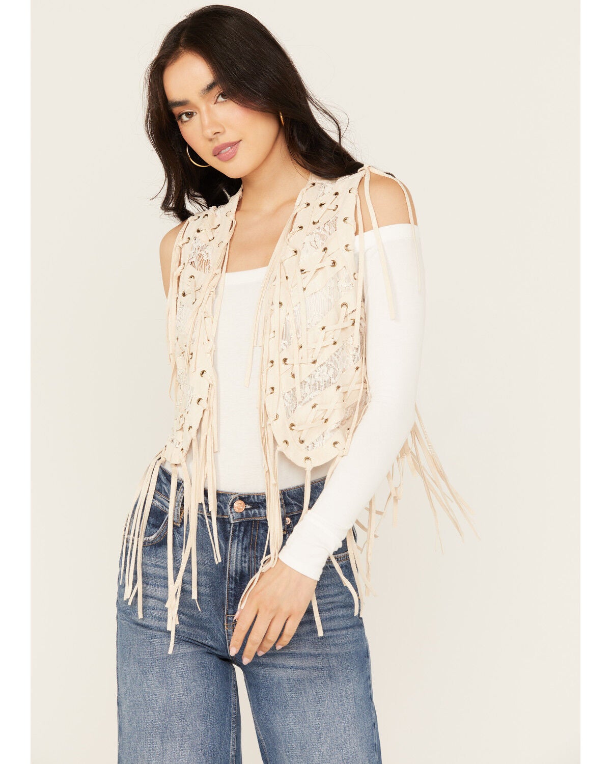 Vocal Women's Braided Lace Fringe Vest, Natural, hi-res