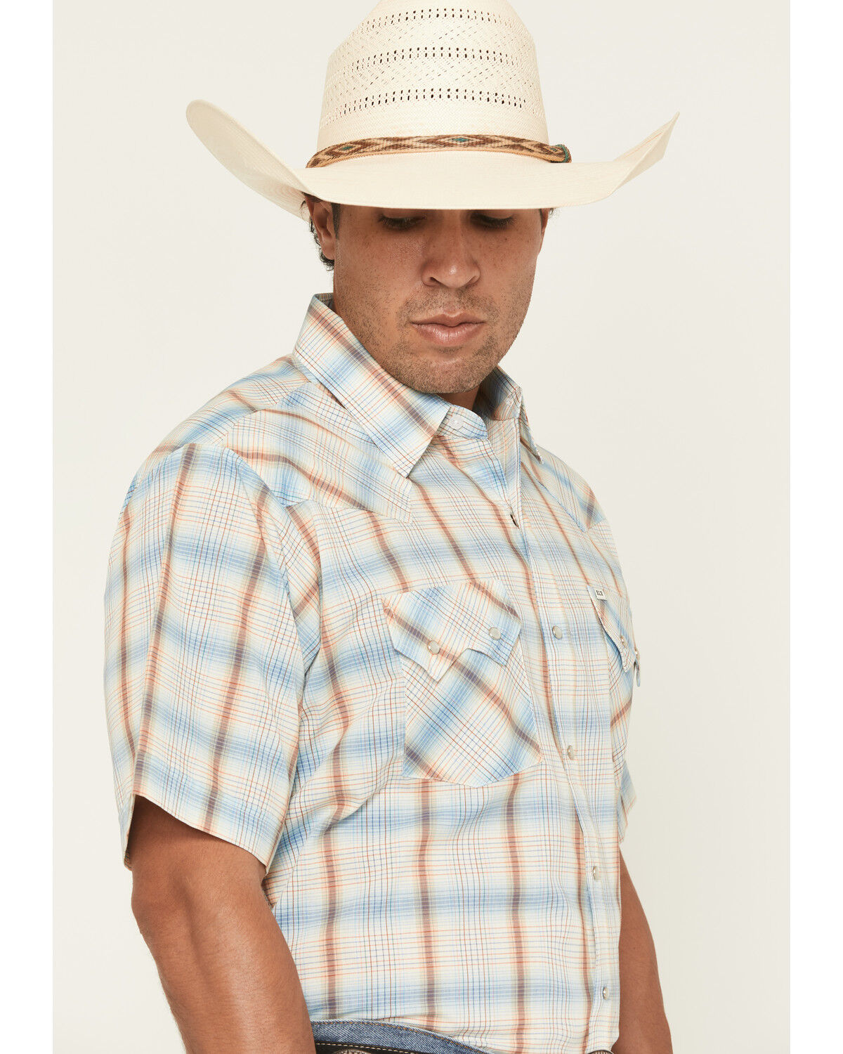 Image #2 - Ely Walker Men's Plaid Print Short Sleeve Snap Western Shirt, Light Blue, hi-res