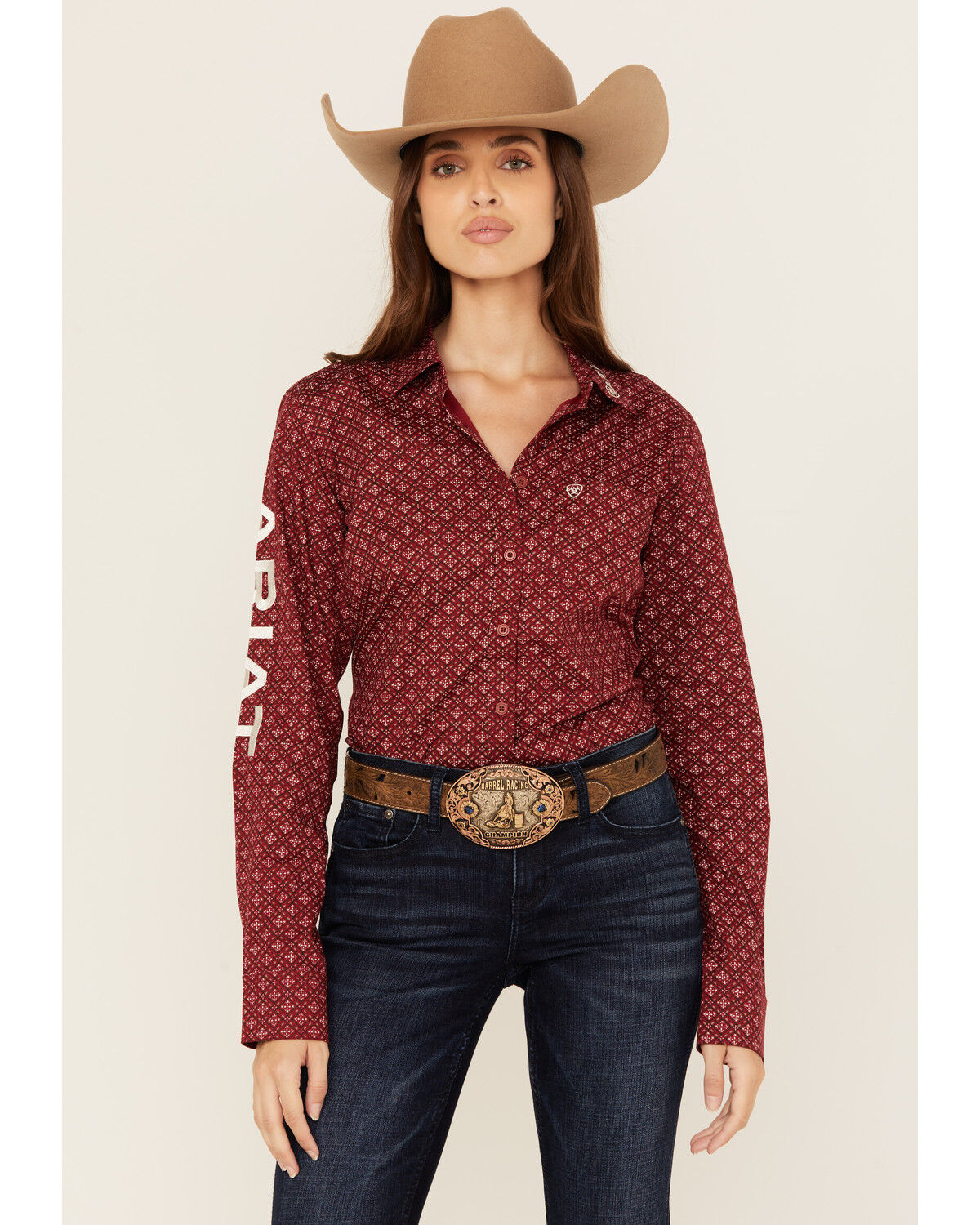 Image #1 - Ariat Women's Team Kirby Geo Print Long Sleeve Button-Down Stretch Western Shirt, Rust, hi-res