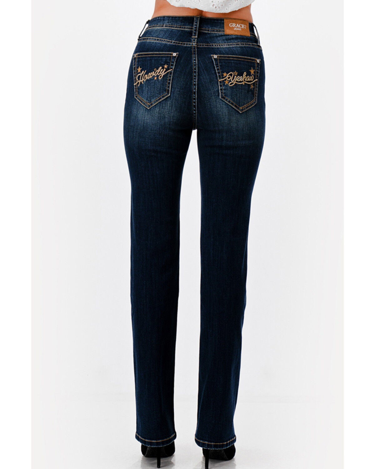 Grace in LA Women's Dark Wash High Rise Howdy Pocket 32" Straight Stretch Denim Jeans, Dark Wash, hi-res