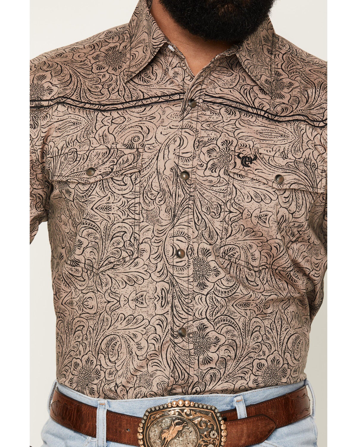 Image #3 - Cowboy Hardware Men's Tooled Floral Print Long Sleeve Snap Stretch Western Shirt, Tan, hi-res