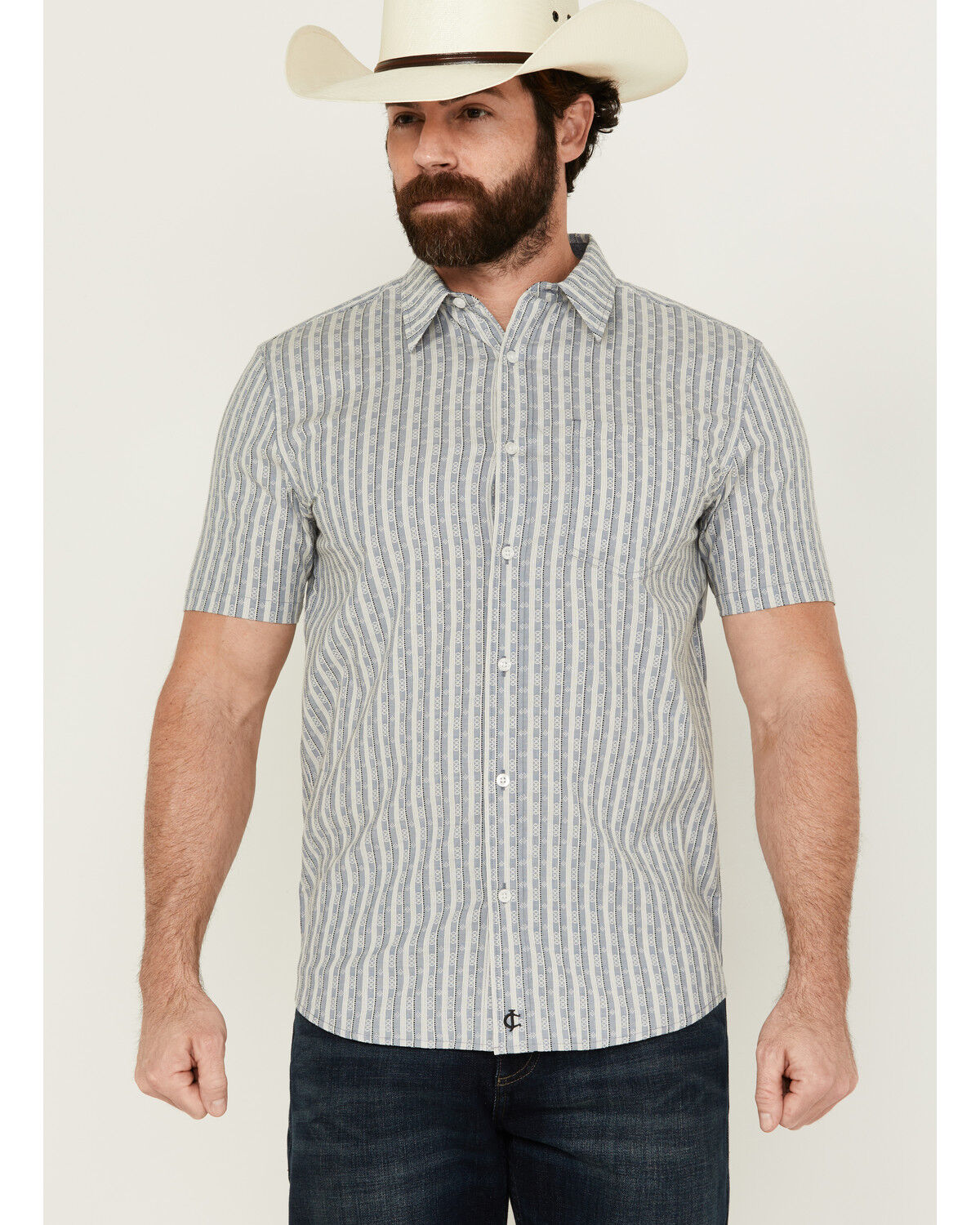Image #1 - Cody James Men's Falling Diamond Striped Short Sleeve Button-Down Stretch Western Shirt, Light Blue, hi-res