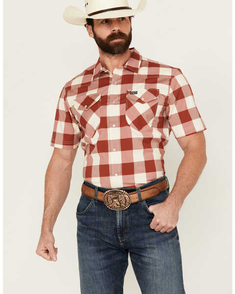 Kimes Ranch Men's Malcom Buffalo Plaid Print Short Sleeve Pearl Snap Western Shirt , Red, hi-res