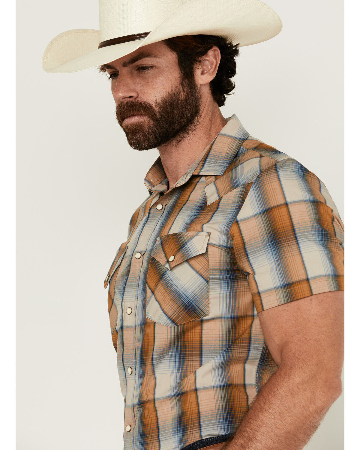 Image #2 - Pendleton Men's Frontier Plaid Print Short Sleeve Snap Western Shirt, Blue, hi-res