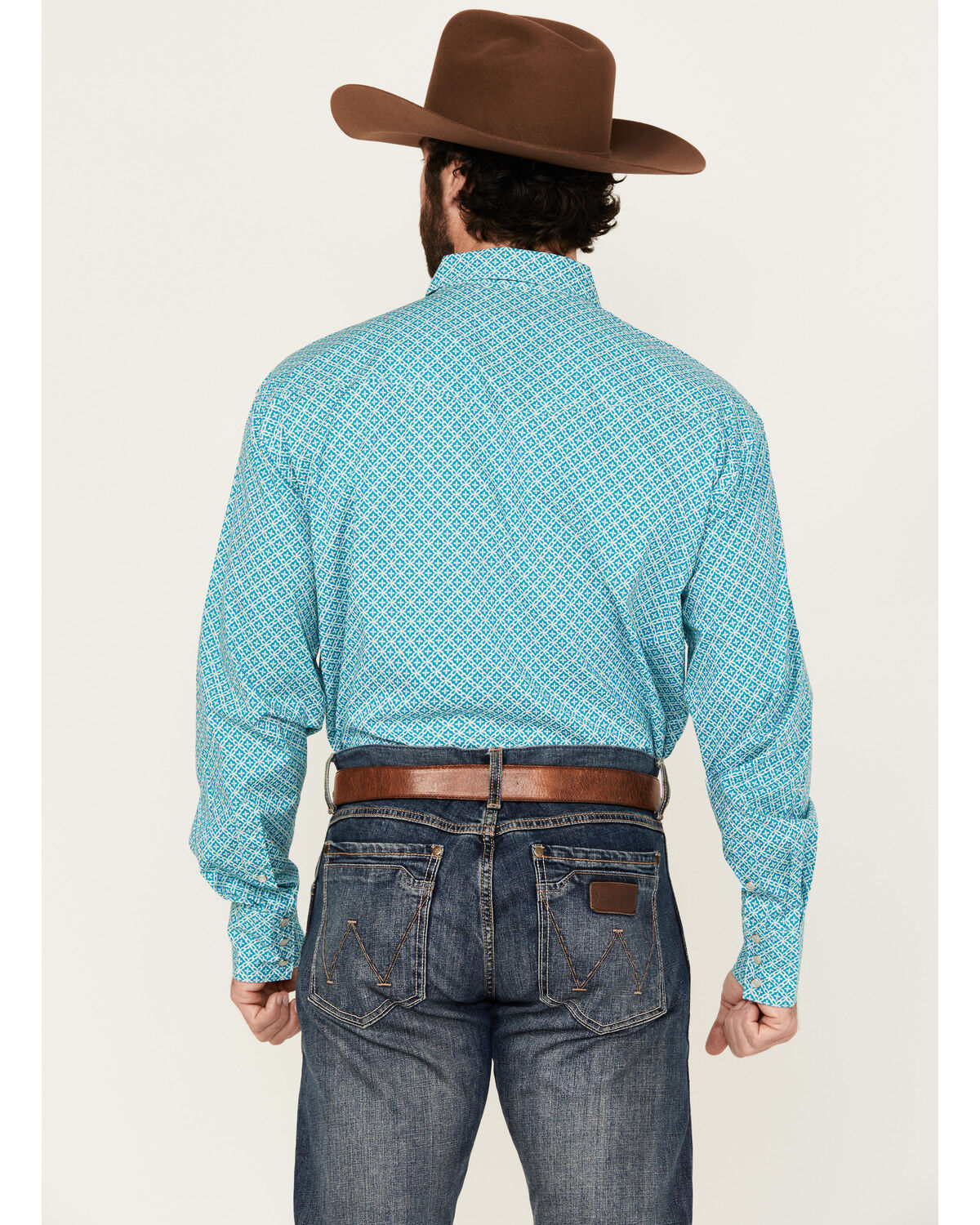 Image #4 - Roper Men's Amarillo Geo Print Long Sleeve Snap Stretch Western Shirt, Teal, hi-res