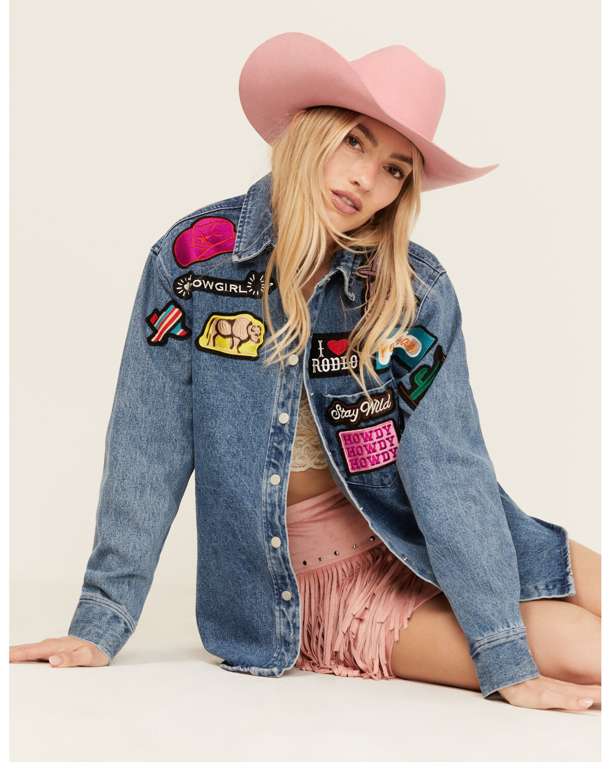 Image #1 - Blue B Women's Medium Wash Western Patchwork Snap Shacket, Medium Wash, hi-res