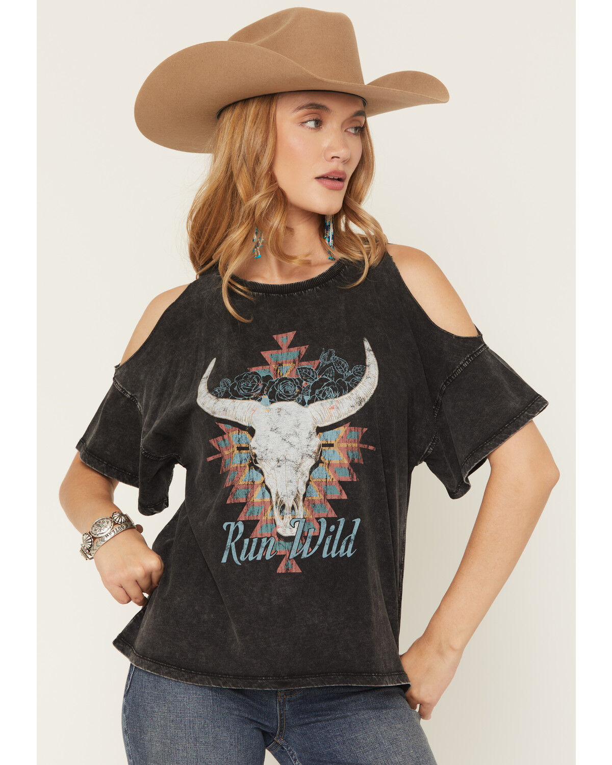 Image #1 - White Crow Women's Run Wild Cold Shoulder Short Sleeve Graphic Tee, Black, hi-res