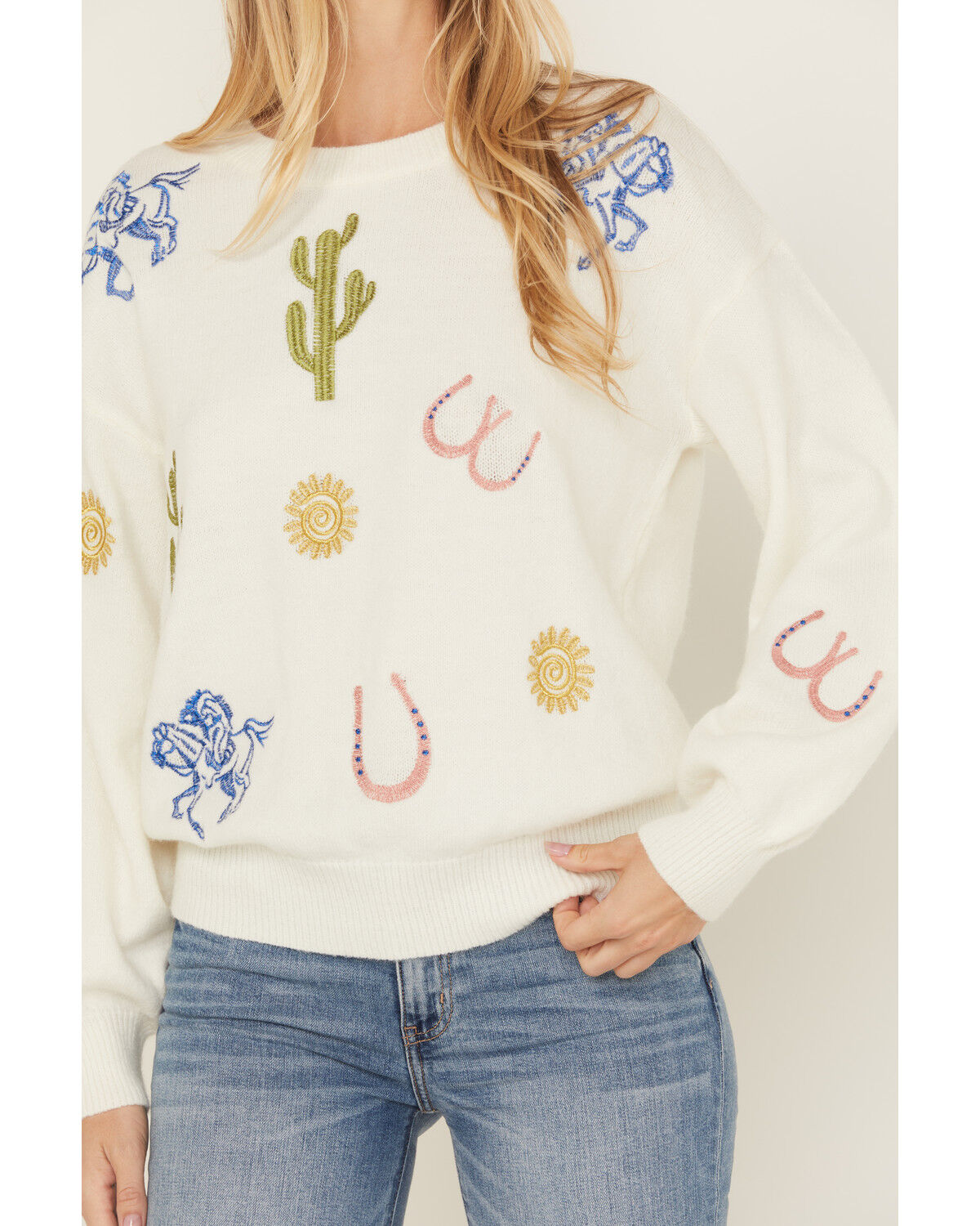Image #3 - Blue B Women's Embroidered Conversation Print Sweater, White, hi-res