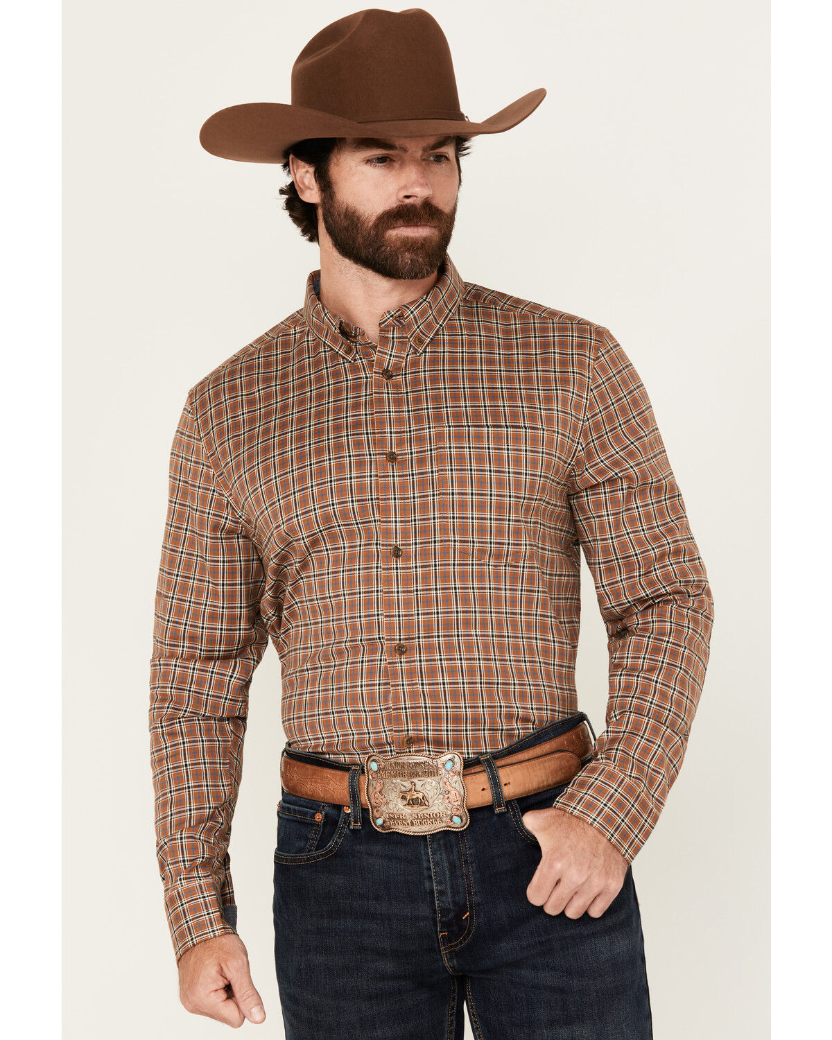 Image #1 - Cody James Men's Adkins Plaid Print Long Sleeve Button-Down Stretch Western Shirt - Tall, Tan, hi-res