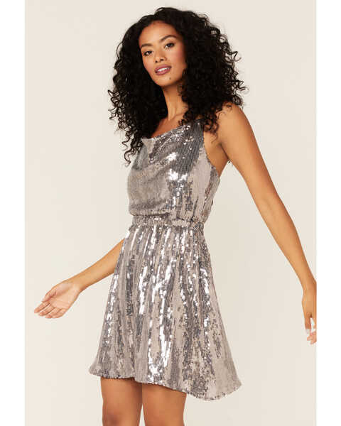 Wishlist Women's Silver Sequins Tie-Back Strap Dress , Silver, hi-res