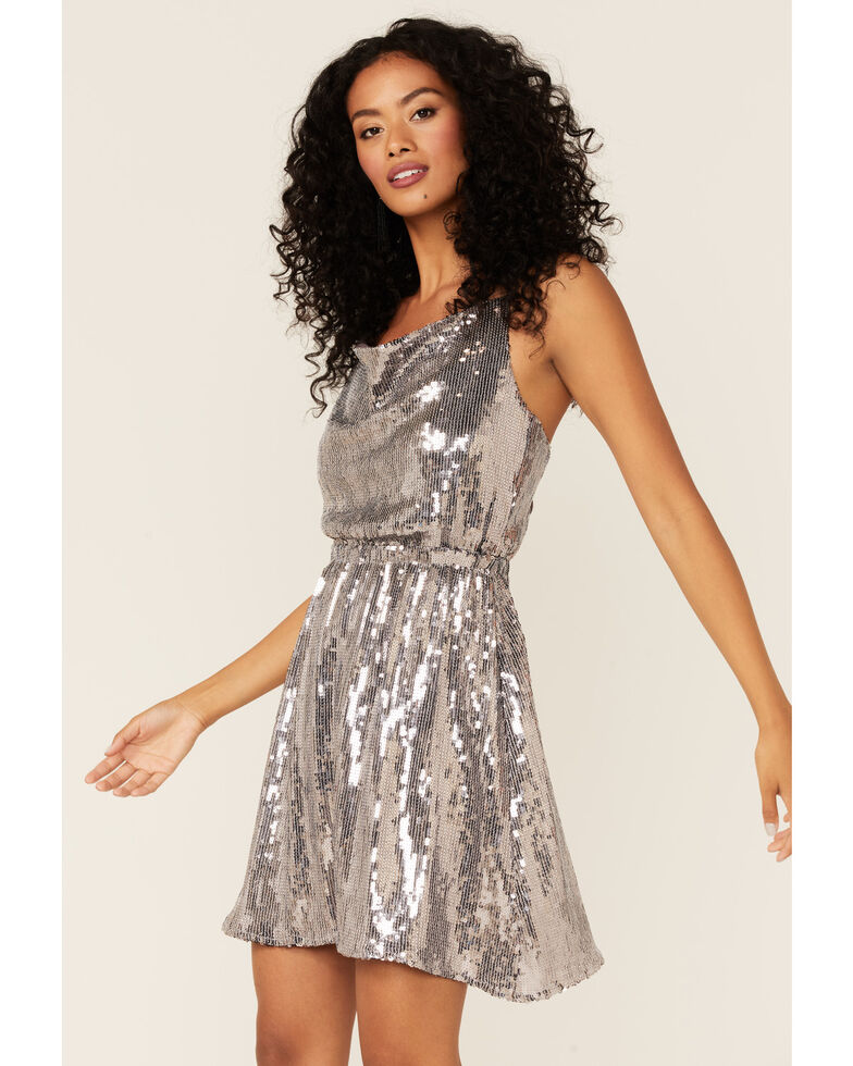 Wishlist Women's Silver Sequins Tie-Back Strap Dress , Silver, hi-res