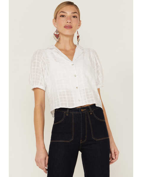 Image #1 - Wild Moss Women's Puff Sleeve Shadow Plaid Print Button Front Blouse, White, hi-res