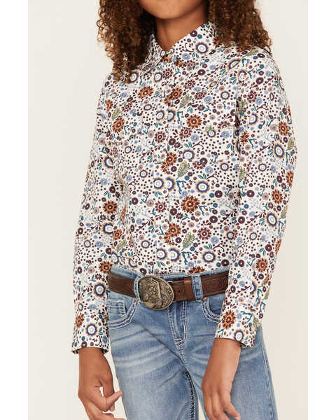 Image #3 - Shyanne Girls' Ditsy Floral Print Long Sleeve Western Pearl Snap Shirt, Ivory, hi-res