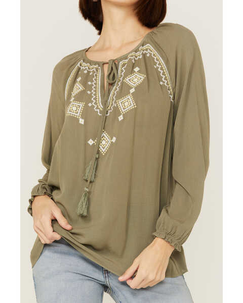 Image #2 - Miss Me Women's Olive Embroidered Southwestern Tassel Top, Olive, hi-res