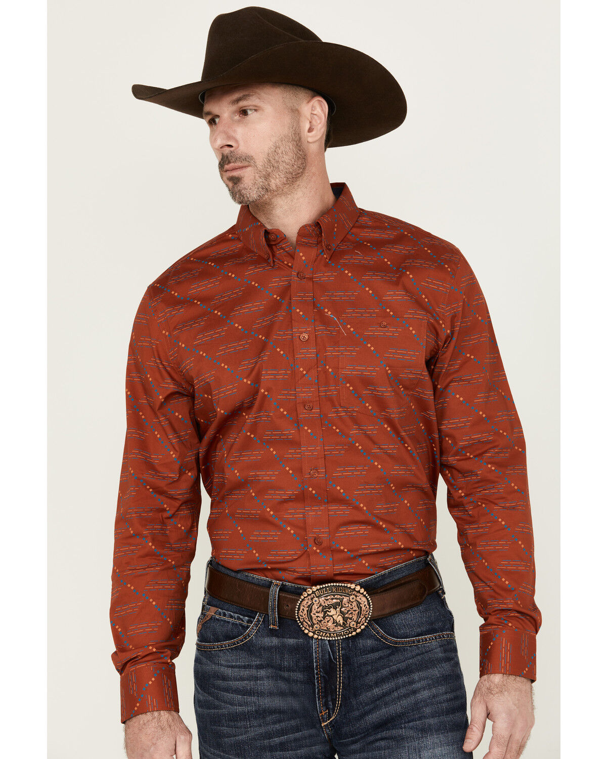 Image #1 - RANK 45® Men's Maputo Printed Long Sleeve Button-Down Performance Stretch Western Shirt, Dark Orange, hi-res