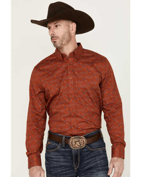 RANK 45® Men's Maputo Printed Long Sleeve Button-Down Performance Stretch Western Shirt , Dark Orange, hi-res