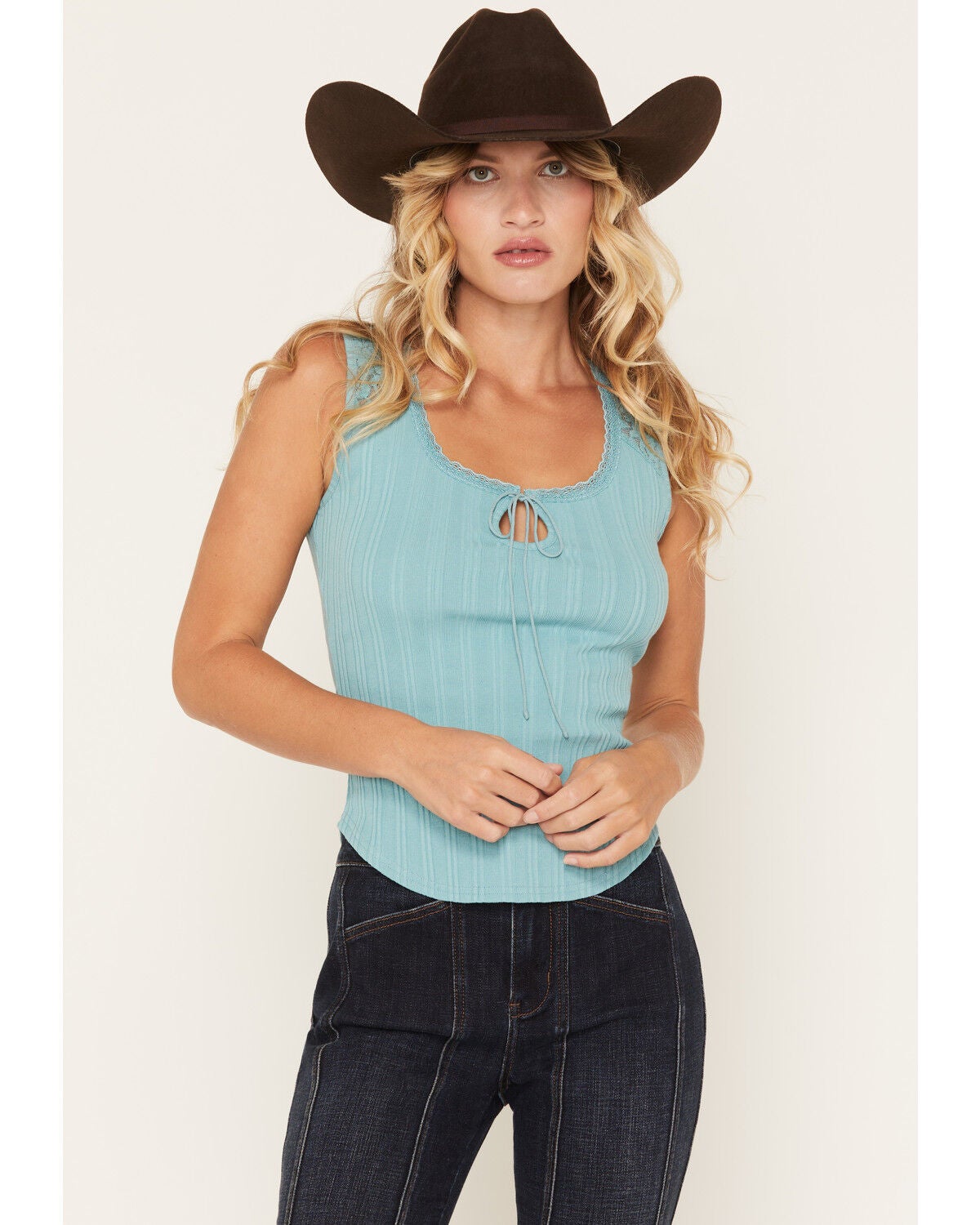 Shyanne Women's Rebecca Short Sleeve Knit Lace Tank, Ocean Blue, hi-res