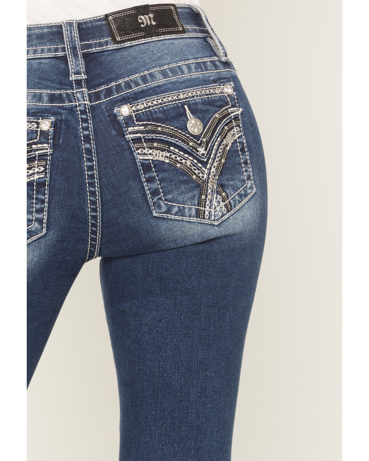 Image #2 - Miss Me Women's Dark Wash Mid Rise Embroidered Pocket 34" Bootcut Stretch Denim Jeans, Dark Wash, hi-res