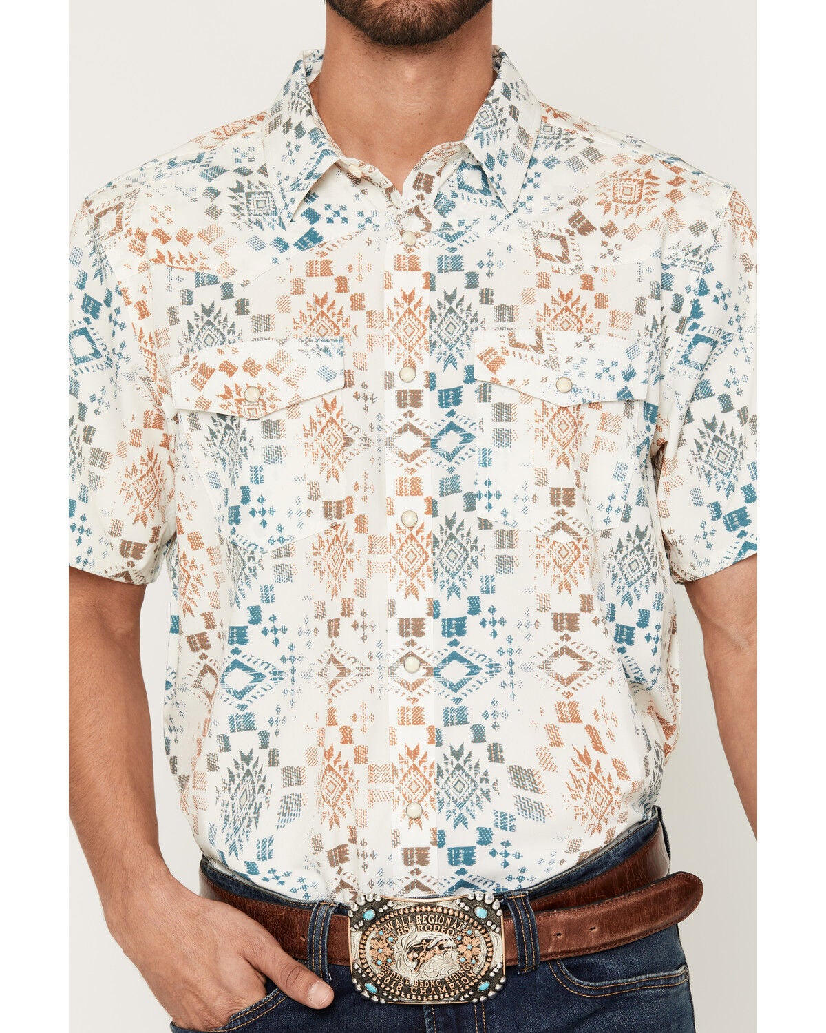 Image #3 - RANK 45&reg; Men's Everglades 2.0 Southwestern Print Rodeo Tech Short Sleeve Snap Western Shirt, Ivory, hi-res