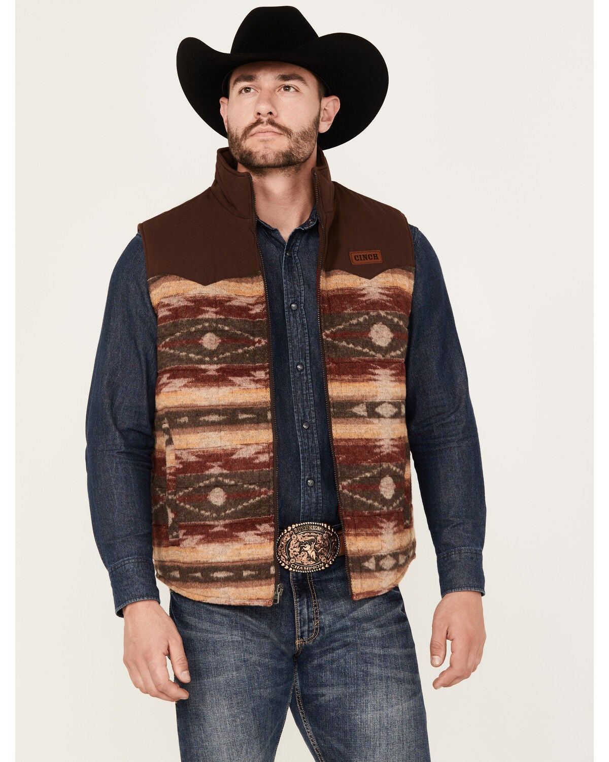 Cinch Men's Canvas Reversible Quilted Southwestern Zip Vest, Burgundy, hi-res