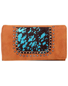 Trinity Ranch Women's Hair-On Turquoise Panel Wallet, Brown, hi-res