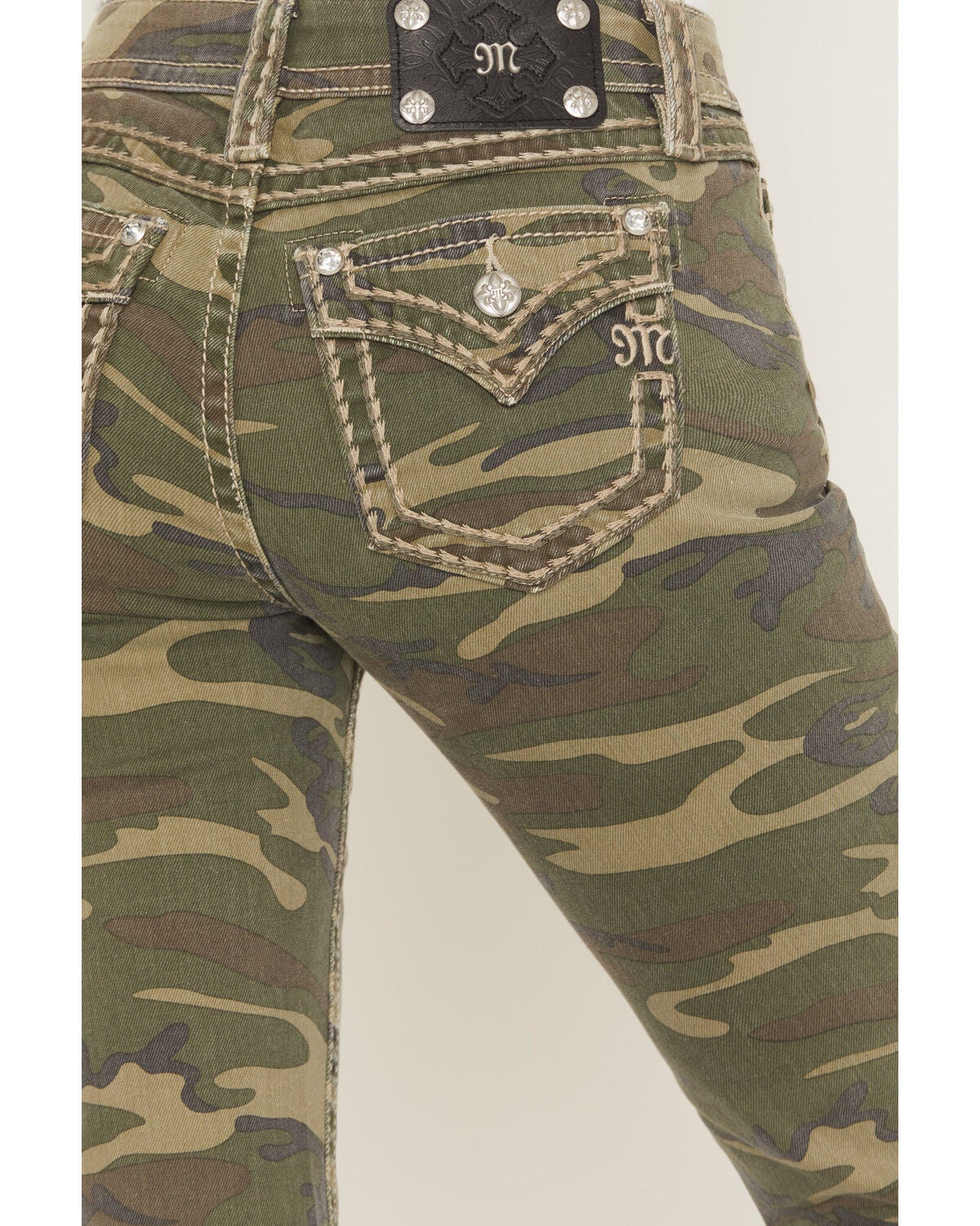 Image #4 - Miss Me Women's Camo Print Mid Rise Flap Pocket 32" Bootcut Stretch Denim Jeans, Green, hi-res