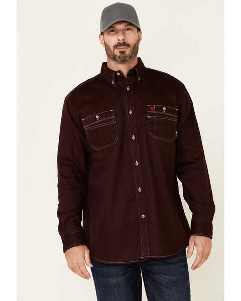 Image #1 - Ariat Men's FR Solid Long Sleeve Button Down Work Shirt  , Burgundy, hi-res