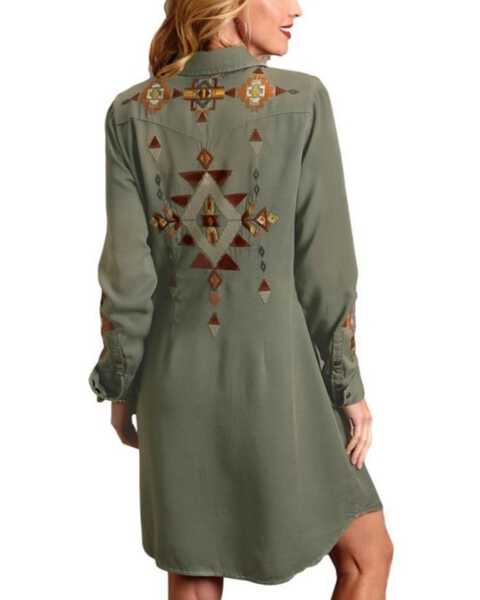 Image #1 - Stetson Women's Southwestern Embroidered Shirt Dress , Olive, hi-res
