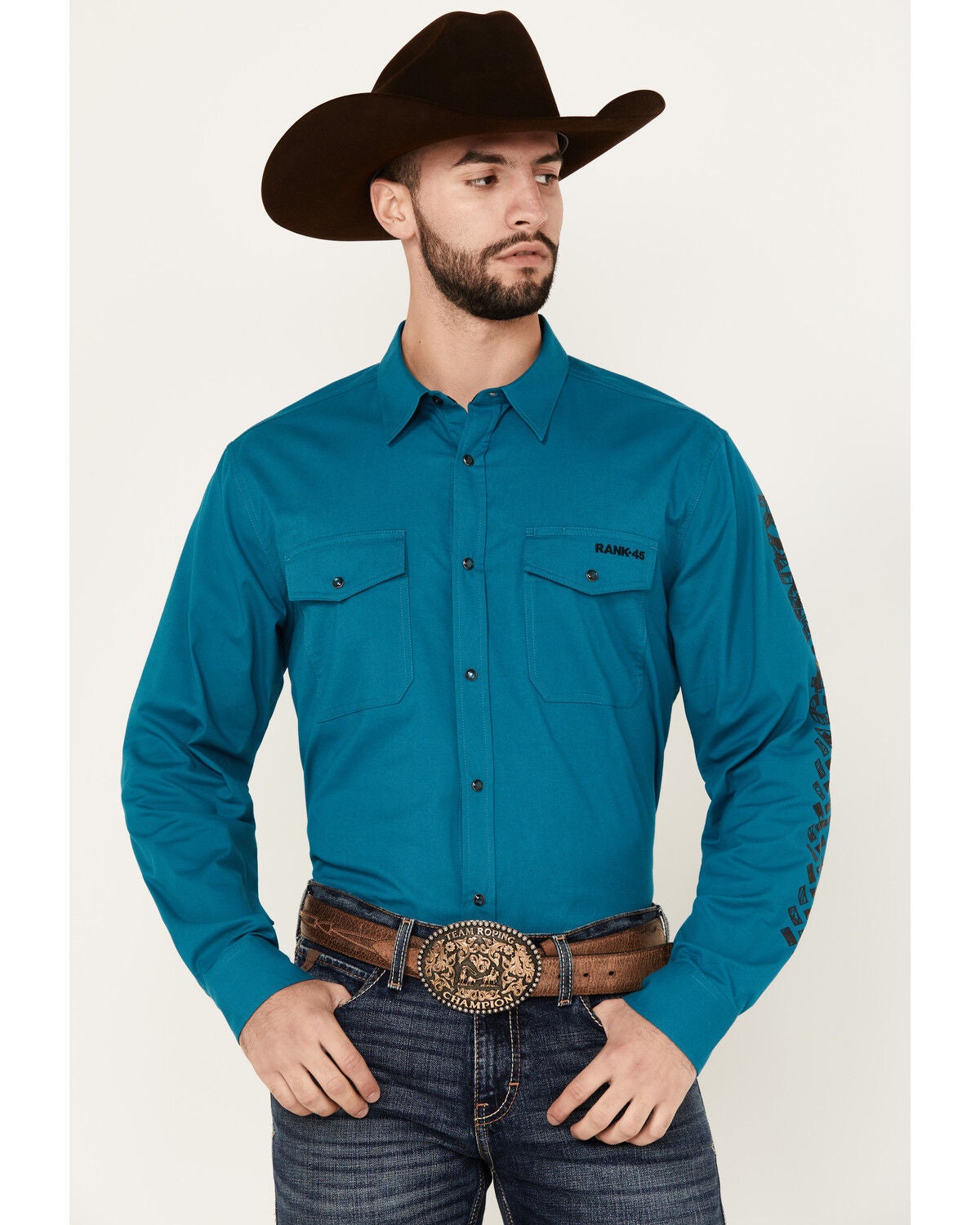 Image #1 - RANK 45&reg; Men's Solid Logo Long Sleeve Performance Stretch Western Shirt, Teal, hi-res