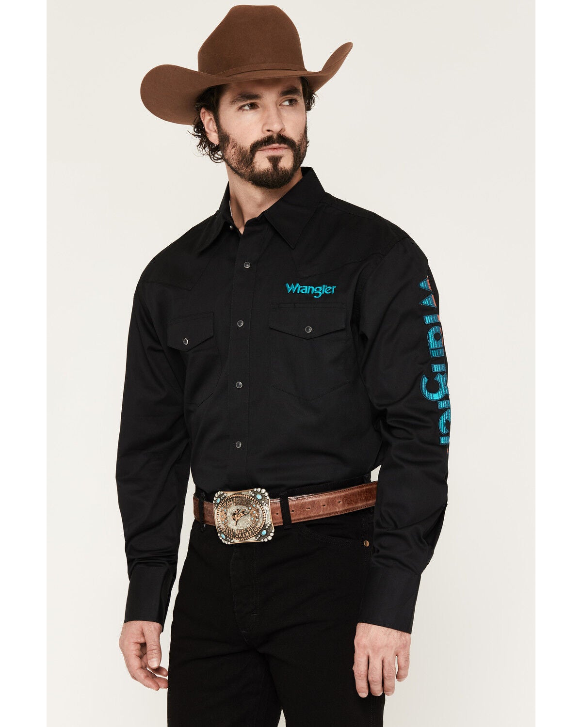 Wrangler Men's Western Solid Logo Long Sleeve Snap Western Shirt, Black, hi-res